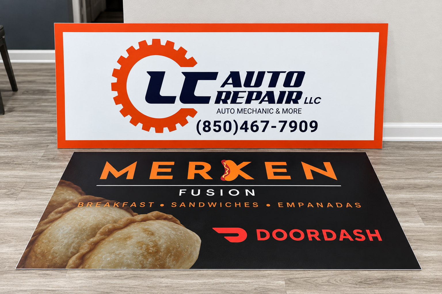 Custom printed business signs for LC Auto Repair and Merken Fusion
