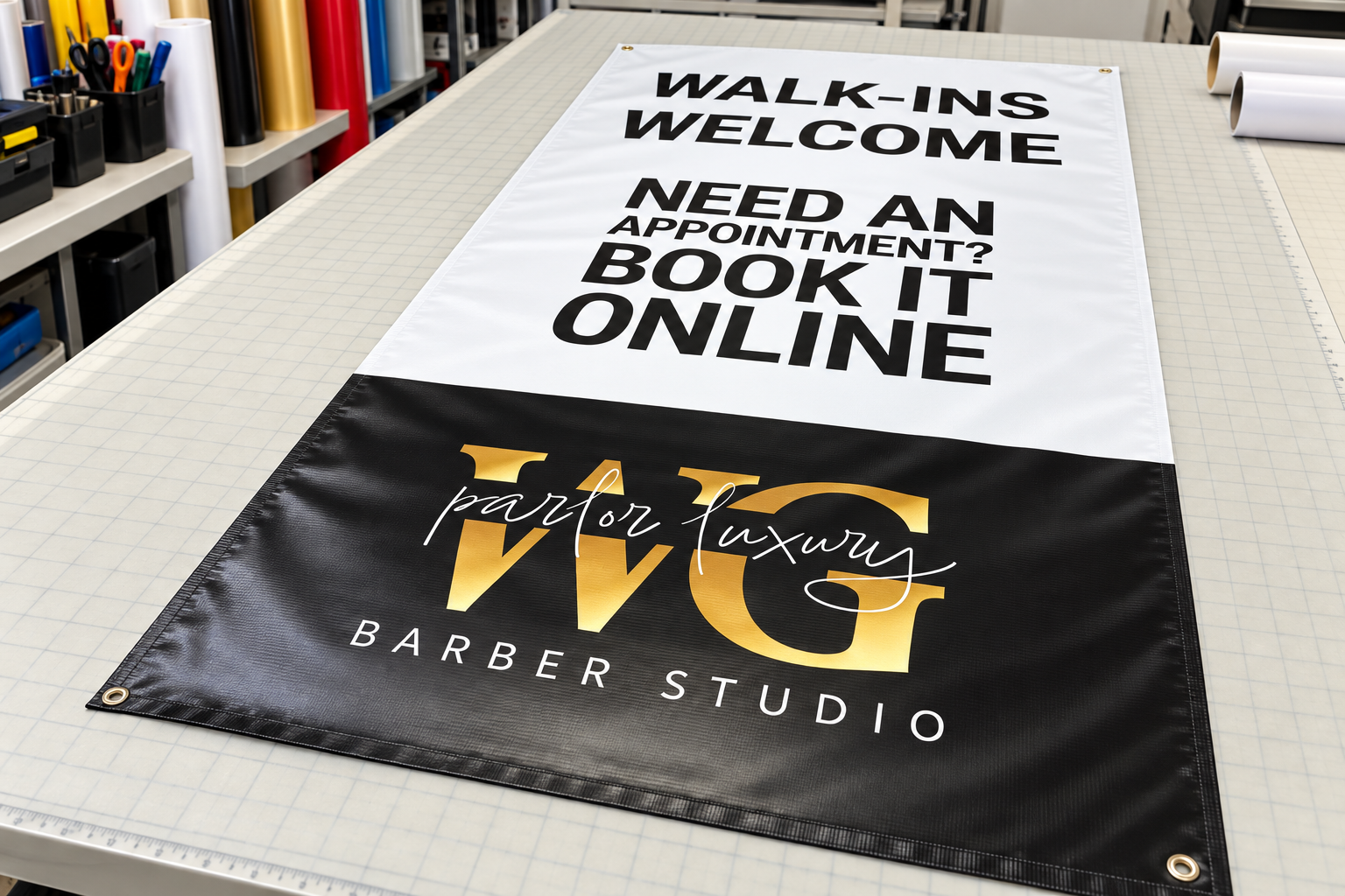 Custom printed vinyl banner for WG Luxury Parlor Barber Studio